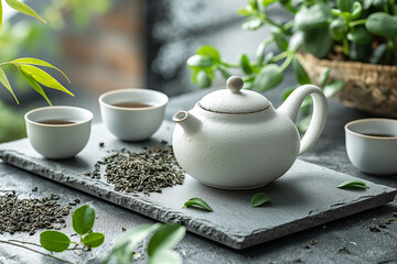Fototapeta premium Serene morning tea time setup with a white teapot and cup on a dark slate tray