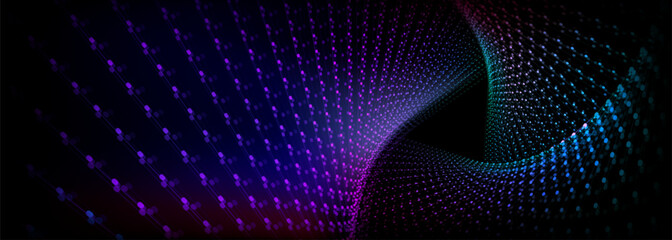 Naklejka premium Three abstract surfaces mage from neon glowing blue and purple dots and lines twist into triangular tunnel on black background. Realistic 3d vector geometric bg with triangle futuristic portal.