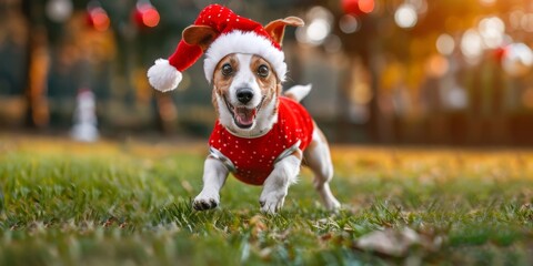 Playful Festive Pup in Christmas Attire Frolicking on the Green Grass in the Park，Christmas, New Year, National Day, happy, New Year festive atmosphere, generated by artificial intelligence, high-de

