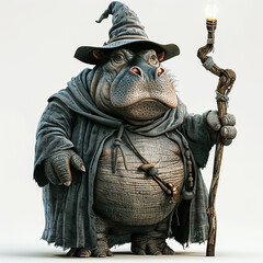 Obraz premium Adorable Hippopotamus wizard cartoon. Chibi Hippopotamus magician. Cute Hippopotamus mage