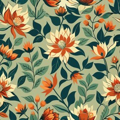 Seamless pattern of cascading leaves and blossoms in a rhythmic design, Generative AI