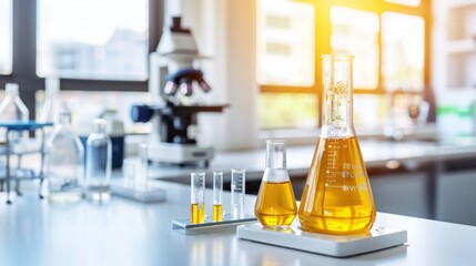 Microscopes and chemical fluids in a laboratory setting highlighting scientific research and analysis
