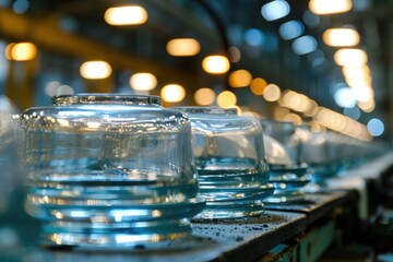 Glass electrical insulators in stock of the manufacturer's plant. Stacks of high voltage equipment for power plants.