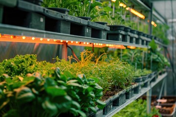 Multi-storey greenhouse for growing plants illuminated by artificial electric light. Drip irrigation and hydroponics system for the premises.