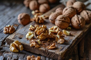 Obraz premium Walnuts whole unpeeled and cracked peeled on a wooden board on a rustic table.