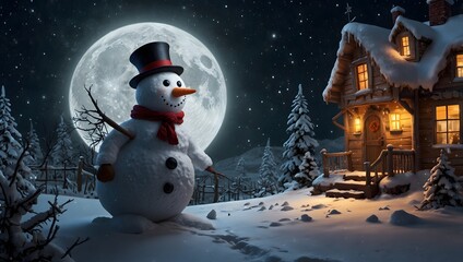 A fantastical world where snowmen come to life at night, embarking on adventures under the moonlight ai-generated
