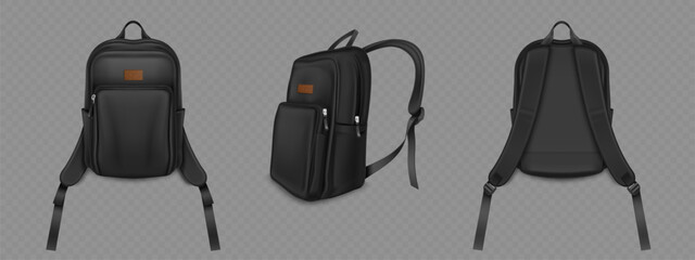 Black realistic 3d backpack mockup with drawstring, pocket and zipper front, side and back view. Vector template of school or travel rucksack bag with handle. Blank leather knapsack with straps.