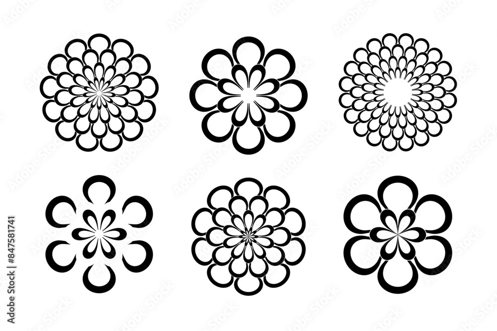 Wall mural Abstract Flower Icons. Radial Circle Patterns. Design Elements Set