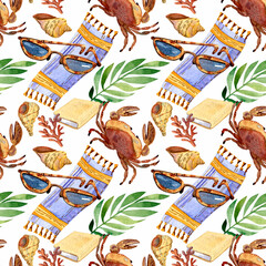 A luxurious summer pattern with tropical plants, marine life and beach accessories.