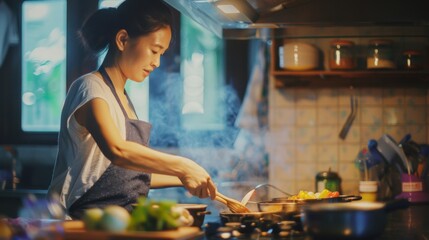 Woman cooking dinner in a kitchen