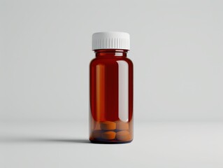Close-up of a brown glass pill bottle with a white cap, filled with a few pills, on a white background.