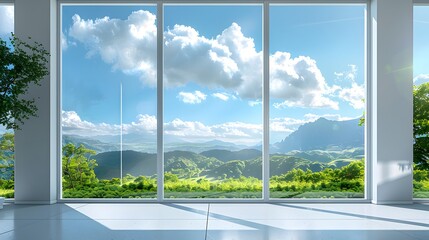 Naklejka premium 3 white windows with a clear sky and green landscape outside, a panoramic window with floor-to-ceiling glass, a blue sky with white clouds, bright sunshine, distant mountains, a natural scenery.