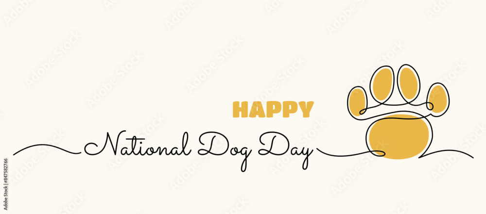 Fototapete national dog day banner. vector background template with single line paw print drawing and hand writ