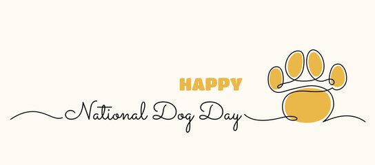 National Dog Day banner. Vector background template with single line paw print drawing and hand written style text. 
