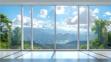 3 white windows with a clear sky and green landscape outside, a panoramic window with floor-to-ceiling glass, a blue sky with white clouds, bright sunshine, distant mountains, a natural scenery.