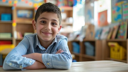 Smiling Southern European Elementary School Boy in Classroom - Educational Stock Photo for Design, Print, Poster - Powered by Adobe