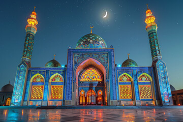 A vibrant Eid al-Adha Mubarak display featuring a beautifully lit mosque with colorful, intricate patterns on its walls, and a crescent moon shining brightly in the night sky.