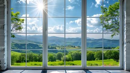 Fototapeta premium 3 white windows with a clear sky and green landscape outside, a panoramic window with floor-to-ceiling glass, a blue sky with white clouds, bright sunshine, distant mountains, a natural scenery.
