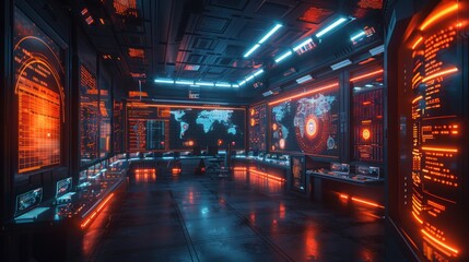 Futuristic Control Room with Advanced Technology and Digital Interfaces, Illuminated by Neon Lights in a High-Tech Environment