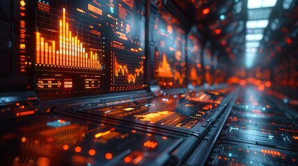 Futuristic Data Center with Advanced Technology and Digital Interfaces Featuring Vibrant Orange and Red Graphs and Charts in a High-Tech Environment