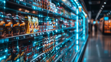 A brightly lit supermarket aisle stocked with various packaged goods, with blurred shoppers in the background.