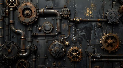 A black background with various mechanical parts such as gears, cogs and pipes. This creates an industrial-themed wallpaper that adds depth to any space.