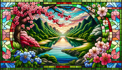 Obraz premium Stained glass asian landscape