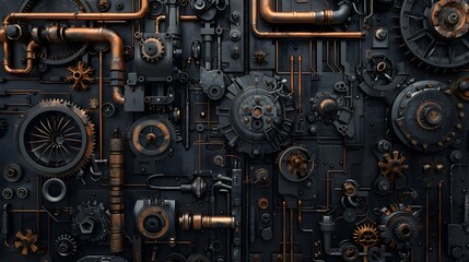 A black background with various mechanical parts such as gears, cogs and pipes. This creates an industrial-themed wallpaper that adds depth to any space.