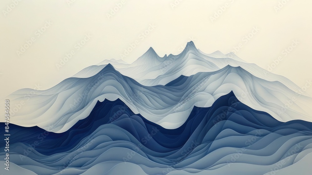 Poster abstract minimal line painting of a mountain range featuring a serene and smooth composition with fl