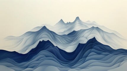 Abstract minimal line painting of a mountain range featuring a serene and smooth composition with flowing wave like patterns and a tranquil atmospheric aesthetic
