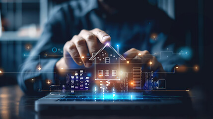 A person's hand hovers over a glowing digital house icon on a laptop screen. The image represents home automation, technology, and smart home concepts.