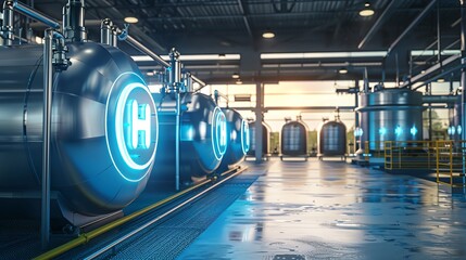 Fototapeta premium A row of large, industrial tanks with glowing 