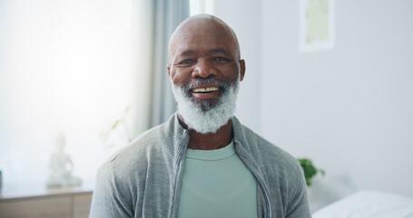 Senior, man and happy with portrait in home for relax, pensioner and confidence in retirement....