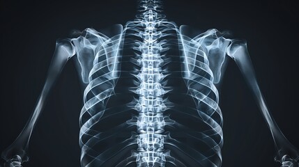 Xray of the human ribcage, showing ribs and thoracic spine, dark background