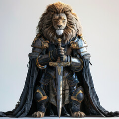 Fototapeta premium Realistic Lion Warrior with weapon. 3D Lion knight cartoon character