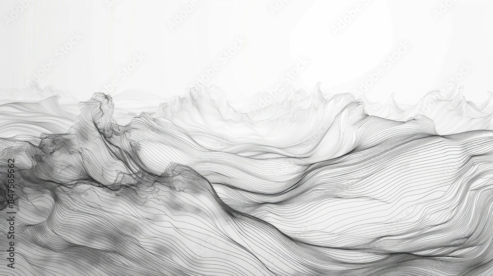 Poster minimalist abstract line art depicting the motion and flow of waves crashing on the shore using simp