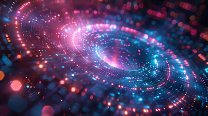 Abstract digital swirl with glowing pink and blue lights.  Futuristic technology background.