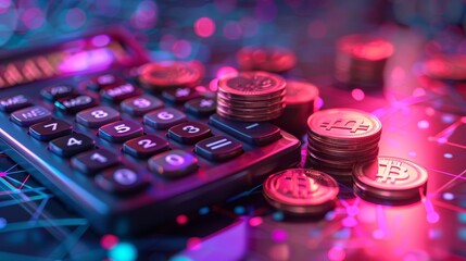 Calculator and coins, 3D illustration, digital display, isolated on white background, cyberpunk, neon accents