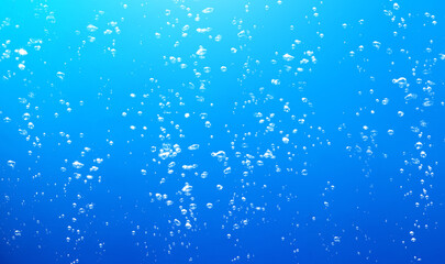 Air Bubbles Float Up Under Blue Water. Pure Water, Oxygen Relaxation. Blue Textured Background.