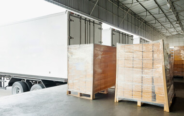 Package Boxes Wrapped Plastic on Pallets Loading into Container. Loading Dock Warehouse. Container Shipping, Supply Chain. Supplies Shipment. Freight Truck Logistics Transport.