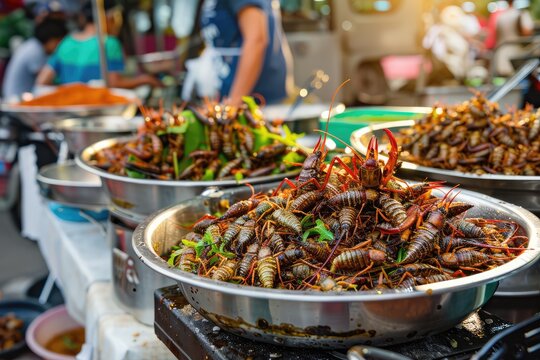 Edible Insects, Eating Bugs, Eating Insect Snacks, Exotic Cuisine as Fried Bugs as Grasshoppers