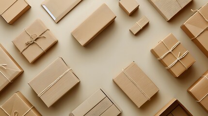 A flat lay of various cardboard boxes on an isolated beige background, representing online retail and home delivery services. centered around these boxes arranged in different sizes and shapes.