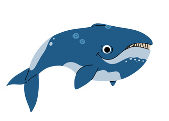 Vector cartoon illustrations of bowhead whale on a white background. Flat cute icon of whale. Underwater world, ocean, underwater inhabitants.