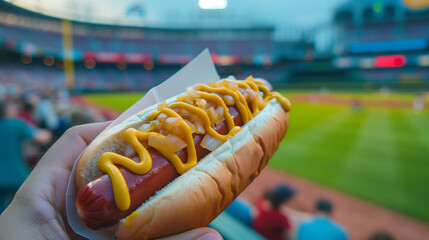 Classic Hot Dog with Mustard and Onions at a Baseball Game