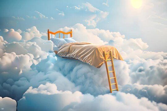 bed with golden blanket and pillow floating on the cloud