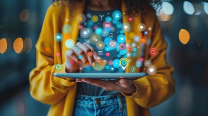 Woman Using Digital Tablet with Colorful Social Media Icons and Notifications in Modern Urban Setting, Concept of Online Communication, Networking, and Technology in Contemporary Lifestyle