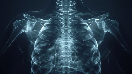 Xray image of human sternum, showcasing the breastbone and ribs, medical analysis