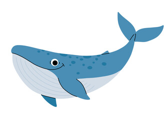 Vector cartoon illustrations of blue whale on a white background. Flat cute icon of whale. Underwater world, ocean, underwater inhabitants.