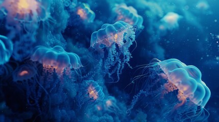 bioluminescent glowing deep ocean creatures abstract background