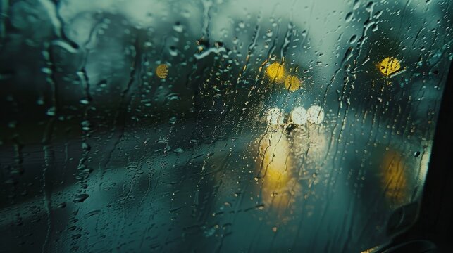 Windshield view in heavy rain, raindrops distorting vision, poor visibility creating a sense of urgency and challenge